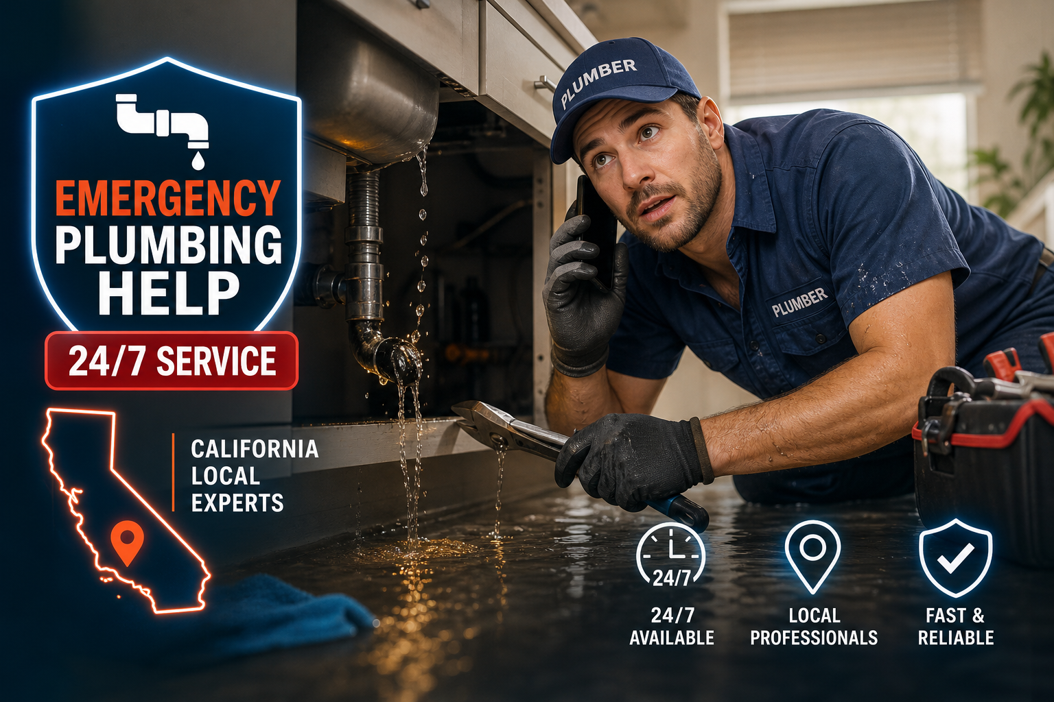 Emergency plumber repairing a burst pipe during an urgent plumbing service call in California.