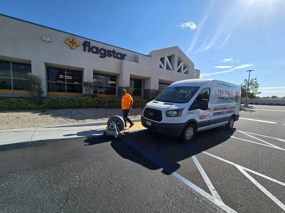 Inland Pro Plumbing performing commercial drain clearing at Flagstar Bank in Victorville California